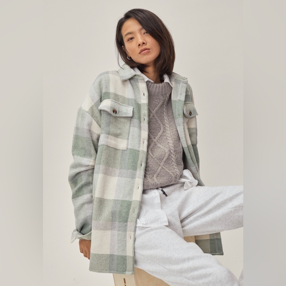 NastyGal Oversized Button Down Buffalo Plaid Shacket In Mint Size 12